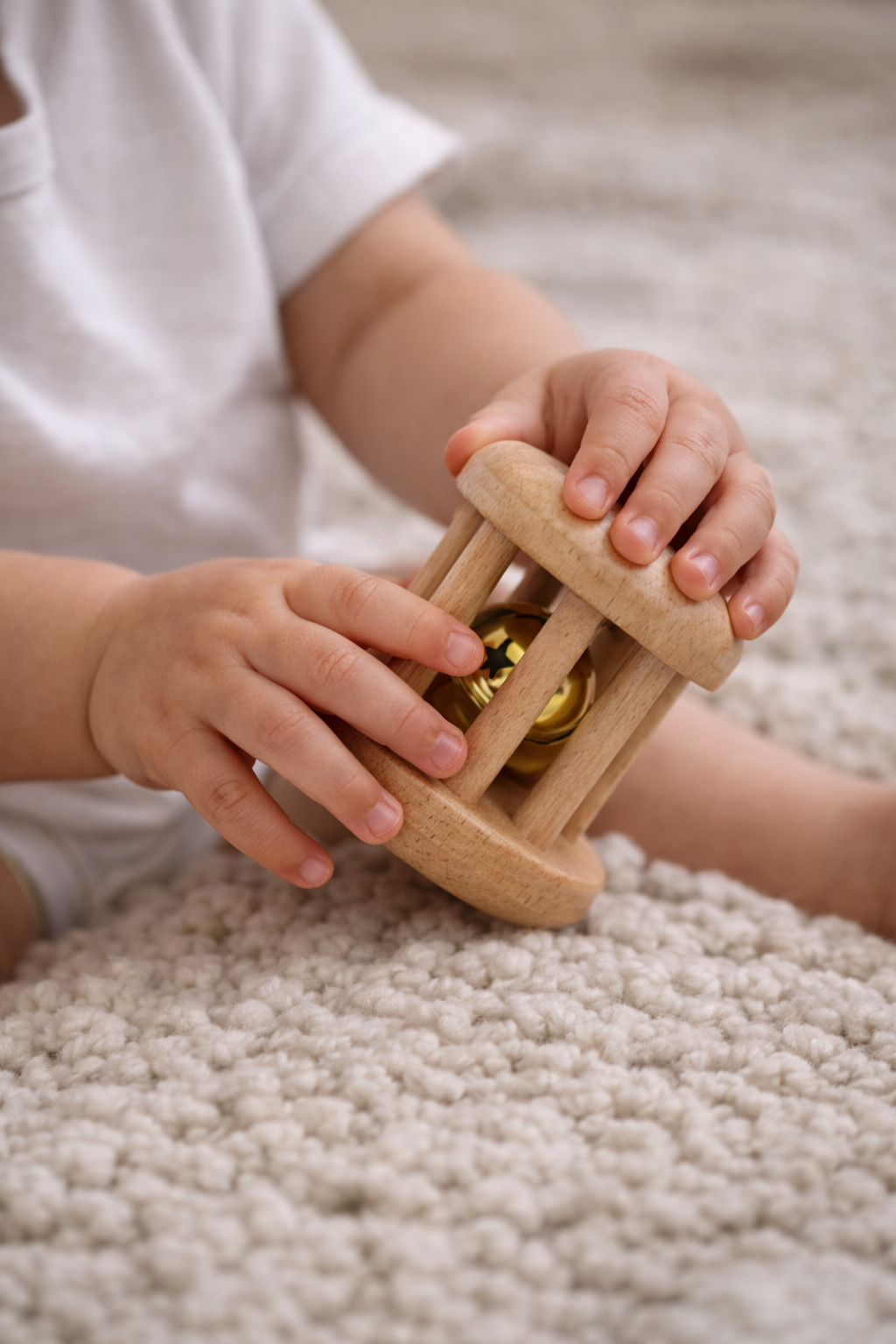 Bebé manipulando material Montessori de madera